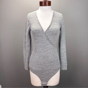 Madewell NWT Heather Grey Faux Wrap Thong V-Neck Long Sleeve Bodysuit Sz S